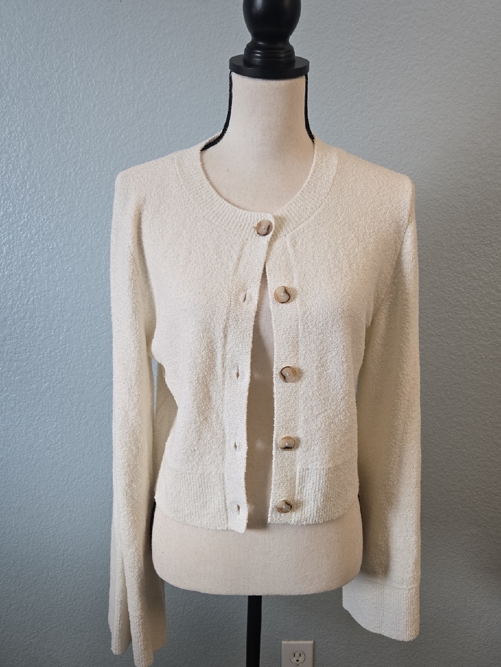 BANANA REPUBLIC Larkspur Cotton-Silk Flare-Sleeve Cardigan Cream Sz Medium - Picture 2 of 11